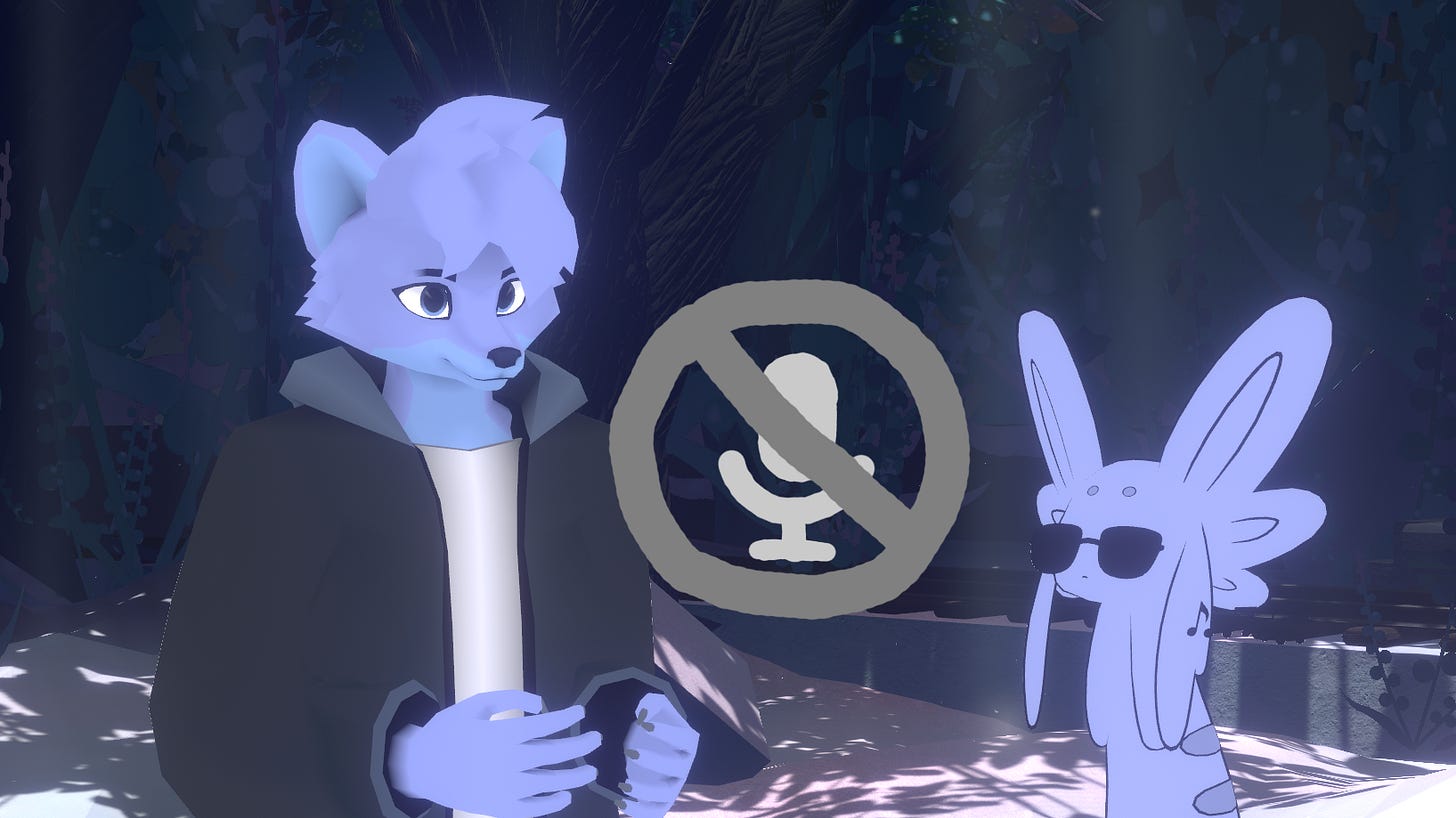 On the left stands a blue furry avatar. On the right, a little blue creature avatar is wearing sunglasses. Between them floats a grey emote symbolizing "no microphone." On the left stands a blue furry avatar. On the right, a little blue creature avatar is wearing sunglasses. Between them floats a grey emote symbolizing "no microphone."