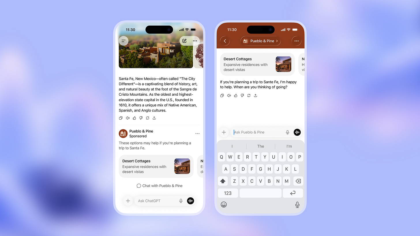 Two smartphones showing a chat with Pueblo & Pine about travel to Santa Fe, New Mexico, including text about the city and options like Desert Cottages with desert vista images.