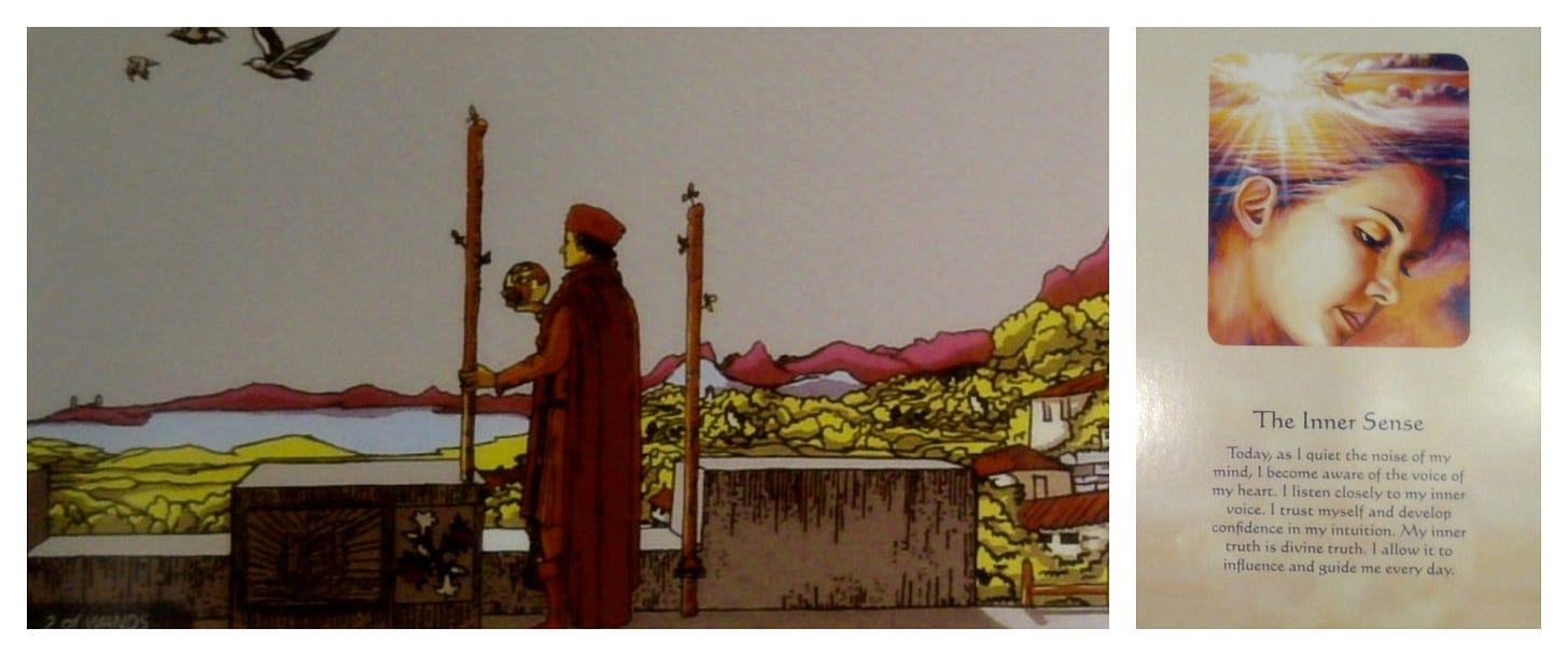 The 2 of Wands tarot card and The Inner Sense oracle card.