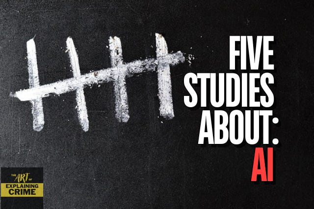 "Five Studies About: AI" appears in the foreground. The background is a blackboard with five thick tally marks written in chalk. "Five Studies About: AI" appears in the foreground. The background is a blackboard with five thick tally marks written in chalk.