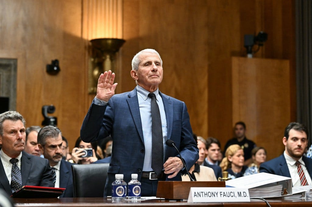 Dr. Anthony Fauci being sworn in at a Senate committee hearing.