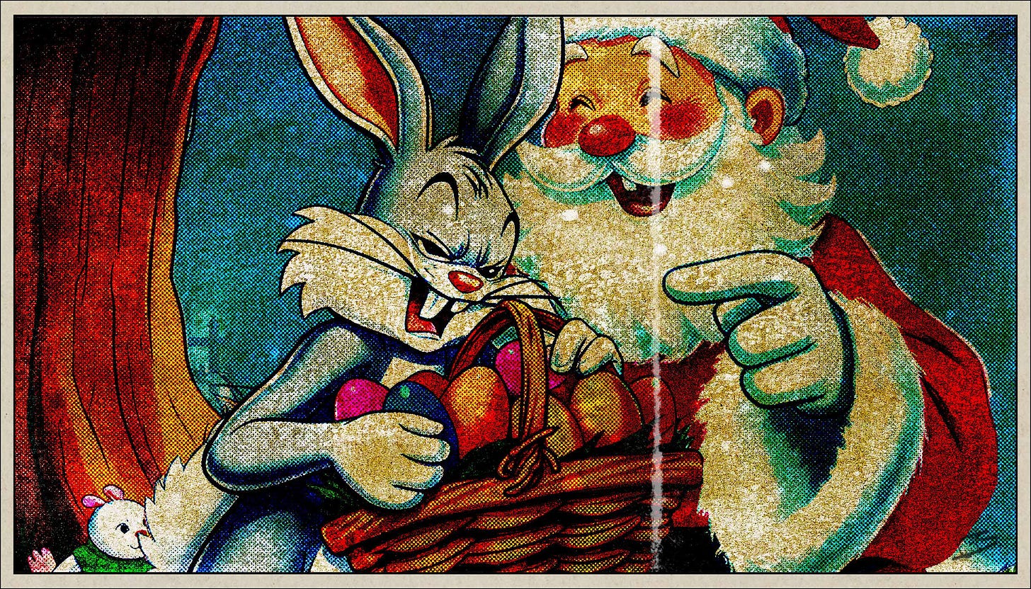Santa Claus laughs at the Easter bunny