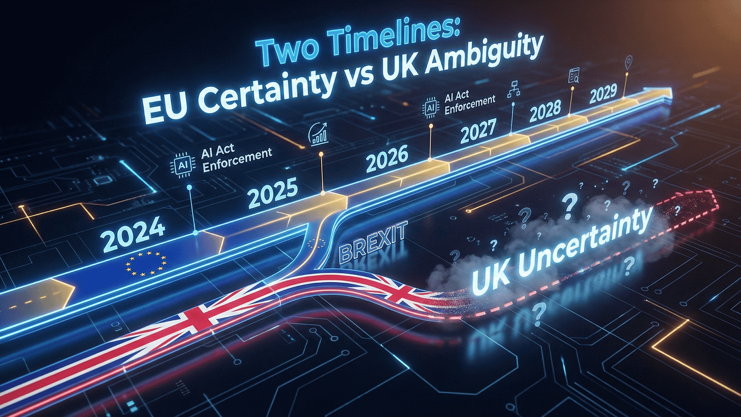Visualisation comparing EU AI Act enforcement timeline extending to 2027-2028 against uncertain UK regulatory trajectory. Visualisation comparing EU AI Act enforcement timeline extending to 2027-2028 against uncertain UK regulatory trajectory.