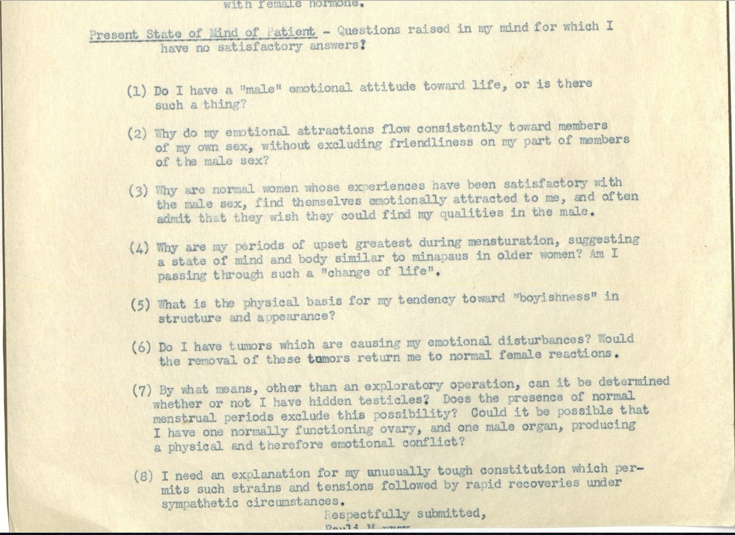 Pauli Murray’s typewritten summary of symptoms about her gender dysphoria and homosexuality Pauli Murray’s typewritten summary of symptoms about her gender dysphoria and homosexuality