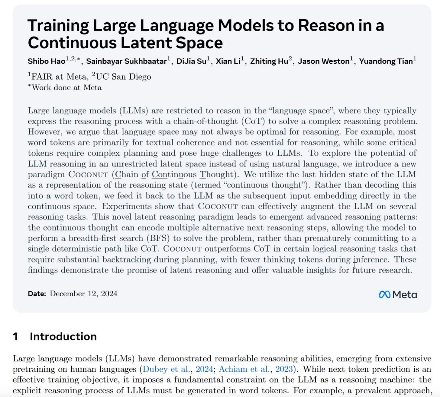 Cover slide of Meta “Coconut” paper on latent‑space reasoning.