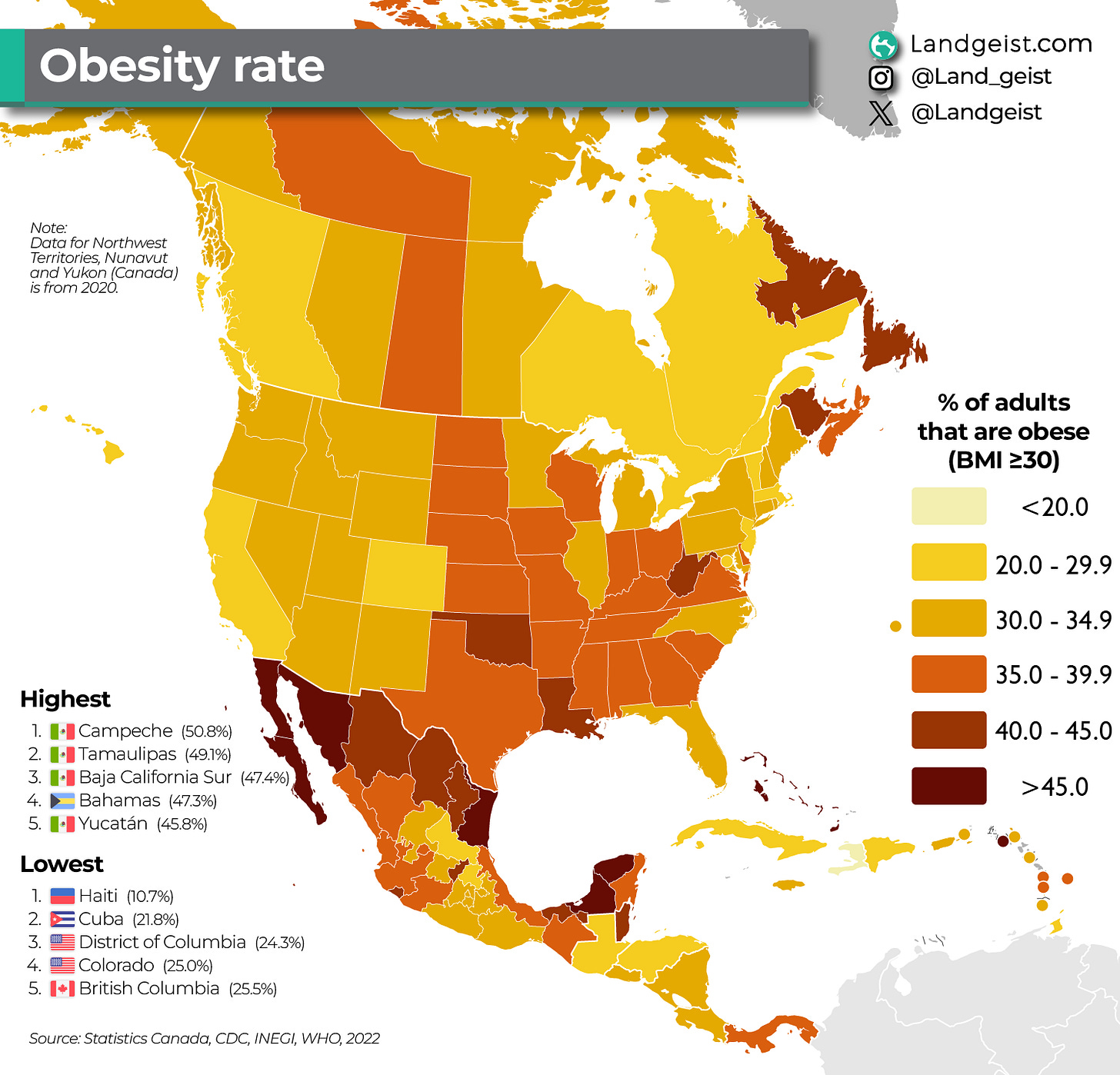 Mapa de la obesidad en Norteamérica (2024) Mapa de la obesidad en Norteamérica (2024)