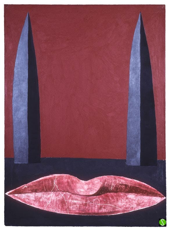 Steve Butcher painting from 1995 - 'Sentinel' with 2 spikes and fresco lips