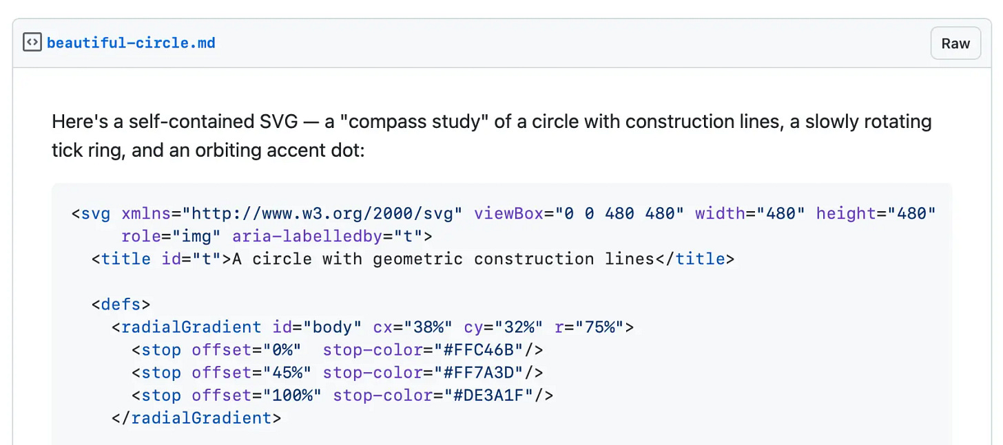 beautiful-circle.md. Here's a self-contained SVG — a "compass study" of a circle with construction lines, a slowly rotating tick ring, and an orbiting accent dot: a block of SVG code