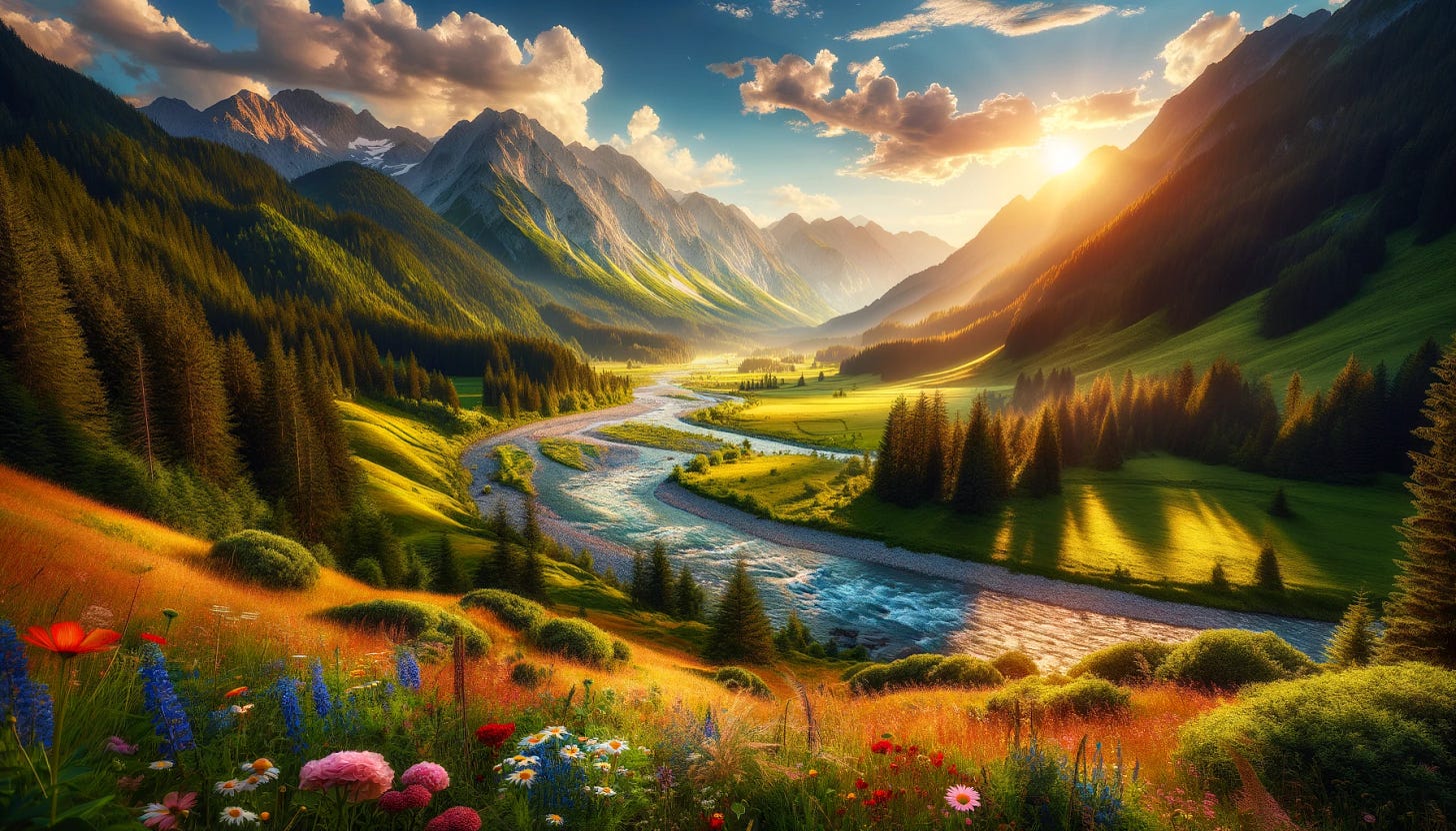 A stunning mountain landscape with a river flowing through the valley. The river sparkles in the sunlight as it winds its way through lush green meadows filled with colorful wildflowers. The mountains rise majestically in the background, their peaks illuminated by the golden light of the sun. The sky is clear blue with a few fluffy clouds, creating a serene and tranquil scene. The entire landscape is vibrant and full of life.