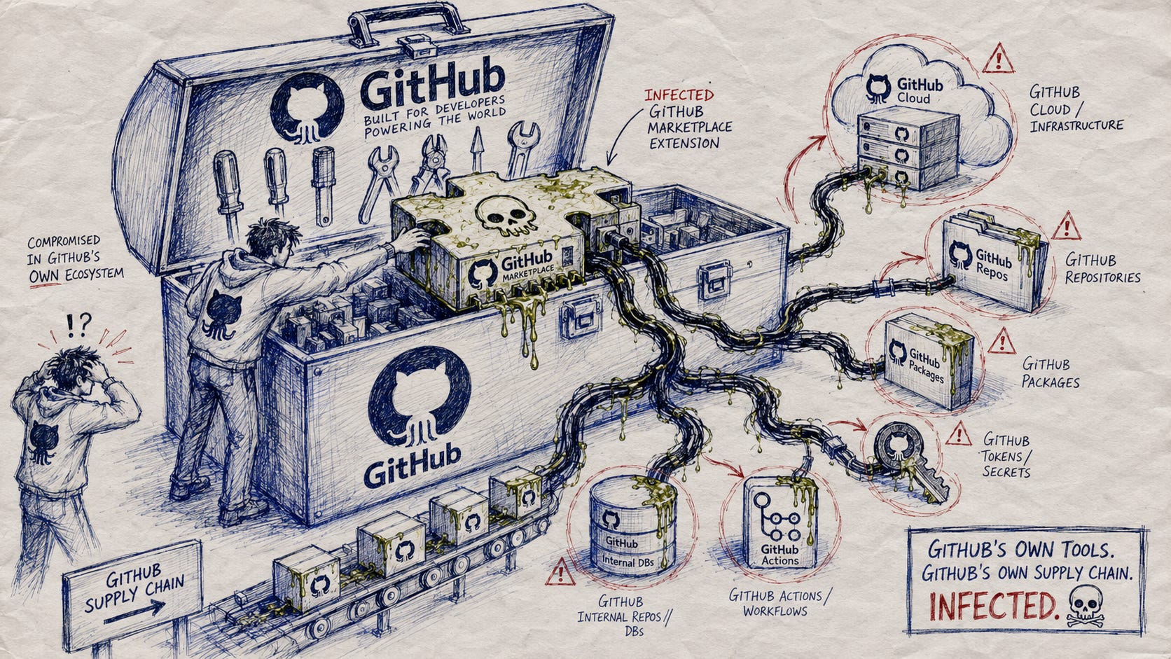 AI-generated editorial cartoon in a loose hand-drawn pen sketch style. An open GitHub-inspired developer toolbox contains a poisoned puzzle-piece extension dripping green slime. A developer reaches toward it while another reacts in alarm. Dark infected cables spread from the extension into cloud servers, software packages, repository folders, security keys, and database nodes, with red warning marks showing the contamination moving through the software supply chain. AI-generated editorial cartoon in a loose hand-drawn pen sketch style. An open GitHub-inspired developer toolbox contains a poisoned puzzle-piece extension dripping green slime. A developer reaches toward it while another reacts in alarm. Dark infected cables spread from the extension into cloud servers, software packages, repository folders, security keys, and database nodes, with red warning marks showing the contamination moving through the software supply chain.