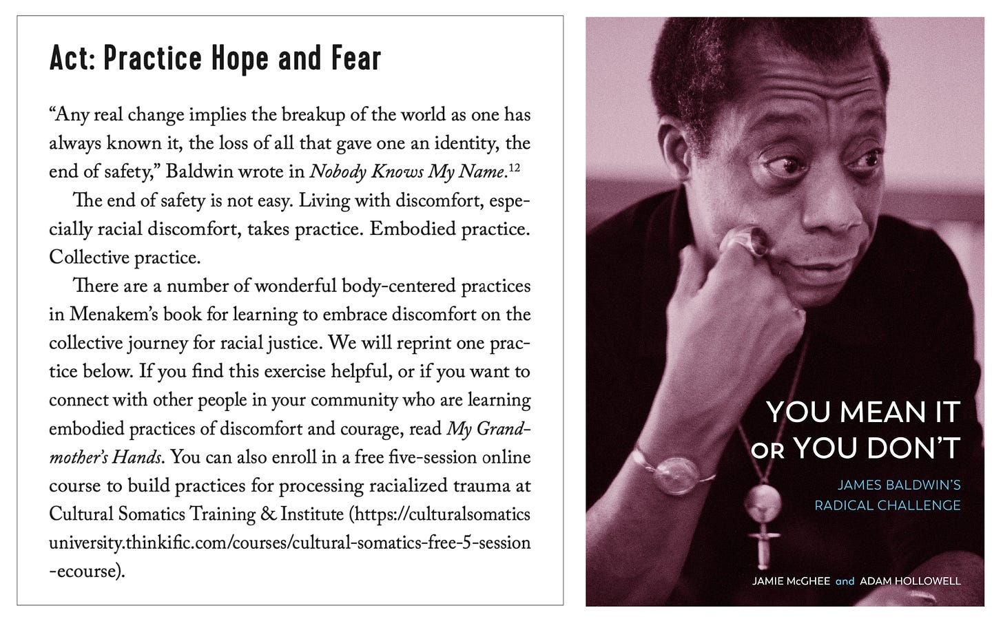 Image showing a breakout box labeled "Act: Practice Hope and Fear" from You Mean It or You Don't: James Baldwin's Radical Challenge. Image showing a breakout box labeled "Act: Practice Hope and Fear" from You Mean It or You Don't: James Baldwin's Radical Challenge.