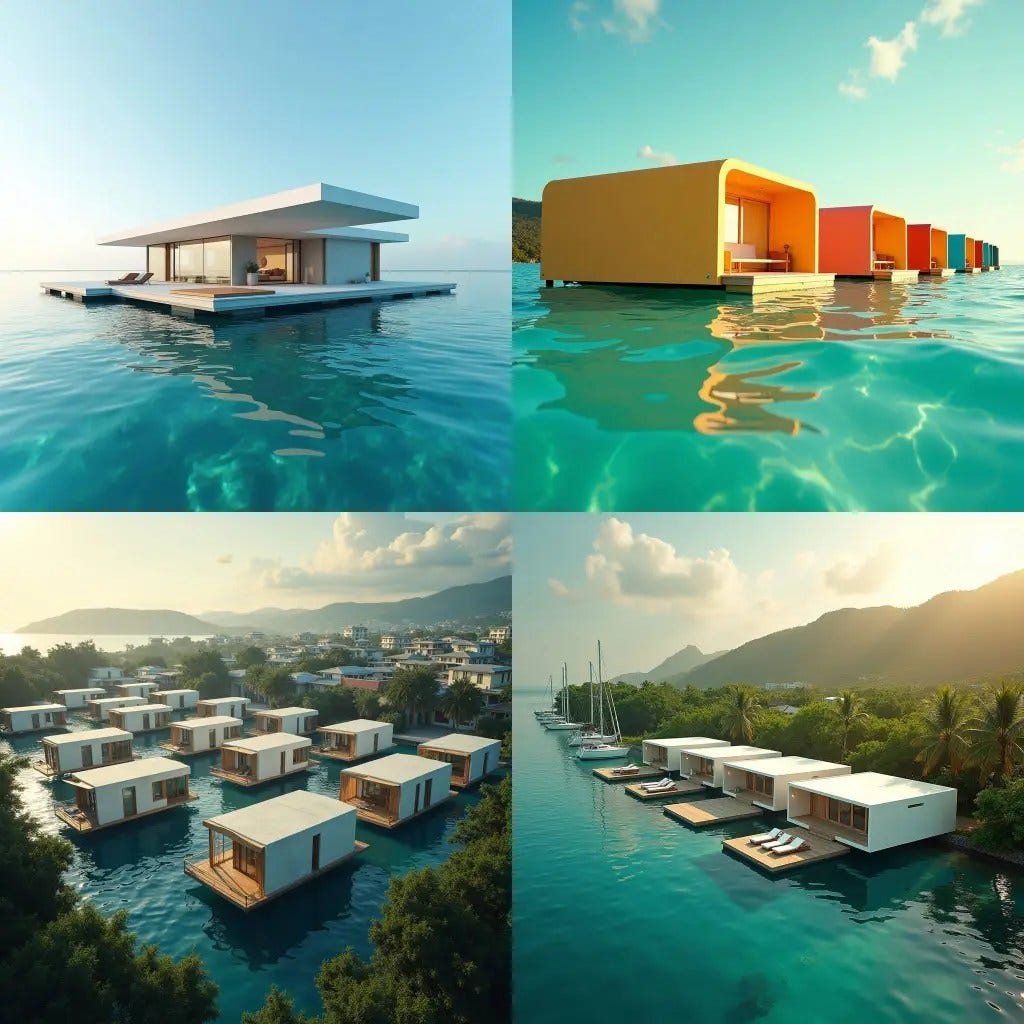 Modern, sleek, and eco-friendly floating prefab homes nestled in the vibrant cityscape of Mobay, Jamaica, surrounded by turquoise waters and lush greenery, with a sense of serenity and harmony. Soft, warm light casts a golden glow on the futuristic dwellings, accentuating their angular lines and minimalist aesthetic. The atmosphere is tranquil, with a few sailboats drifting lazily in the distance, their sails billowing in the gentle Caribbean breeze.
