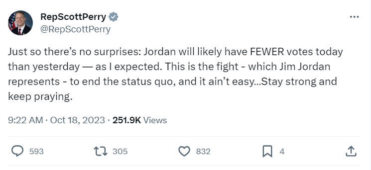 Just so there’s no surprises: Jordan will likely have FEWER votes today than yesterday — as I expected. This is the fight - which Jim Jordan represents - to end the status quo, and it ain’t easy…Stay strong and keep praying. Just so there’s no surprises: Jordan will likely have FEWER votes today than yesterday — as I expected. This is the fight - which Jim Jordan represents - to end the status quo, and it ain’t easy…Stay strong and keep praying.