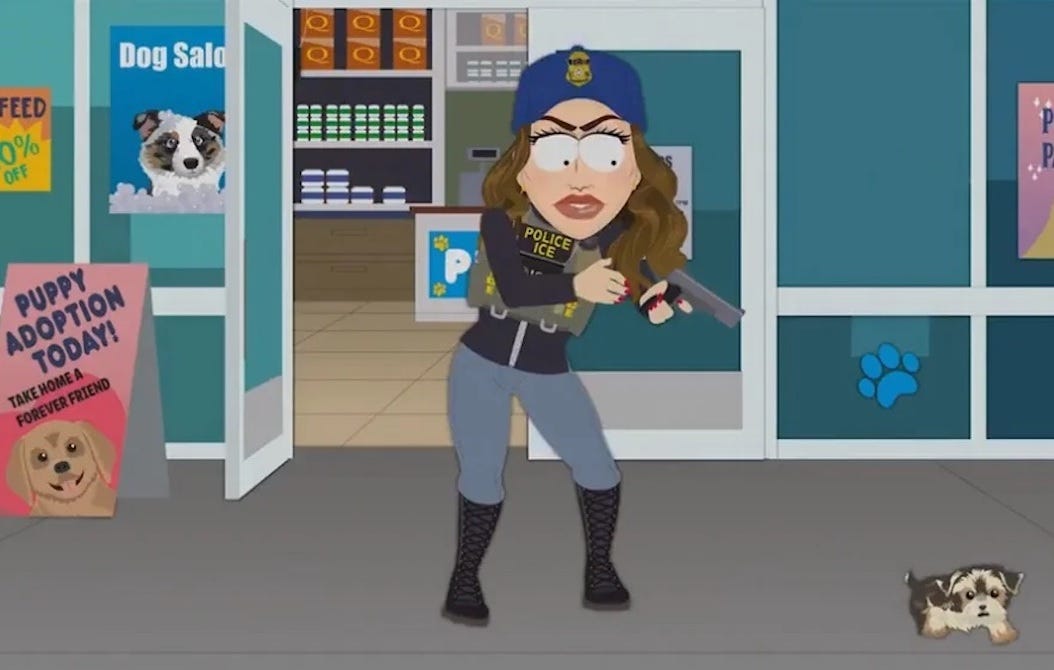 Video screenshot from South Park depicting Kristi Noem in bulletproof vest, aiming a pistol at a cuddly puppy on sidewalk in front of a pet store. Signs next to door of pet shop say 'Dog Salon,' 'puppy spa packages,' and 'Puppy Adoption Today! Take home a forever friend' 