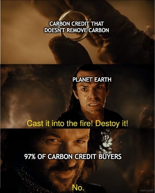 Three-panel Lord of the Rings meme. Isildur holds the ring, labelled "Carbon credit that doesn't remove carbon." Elrond, labelled "Planet Earth," says "Cast it into the fire! Destroy it!" Isildur, labelled "97% of carbon credit buyers," says "No."