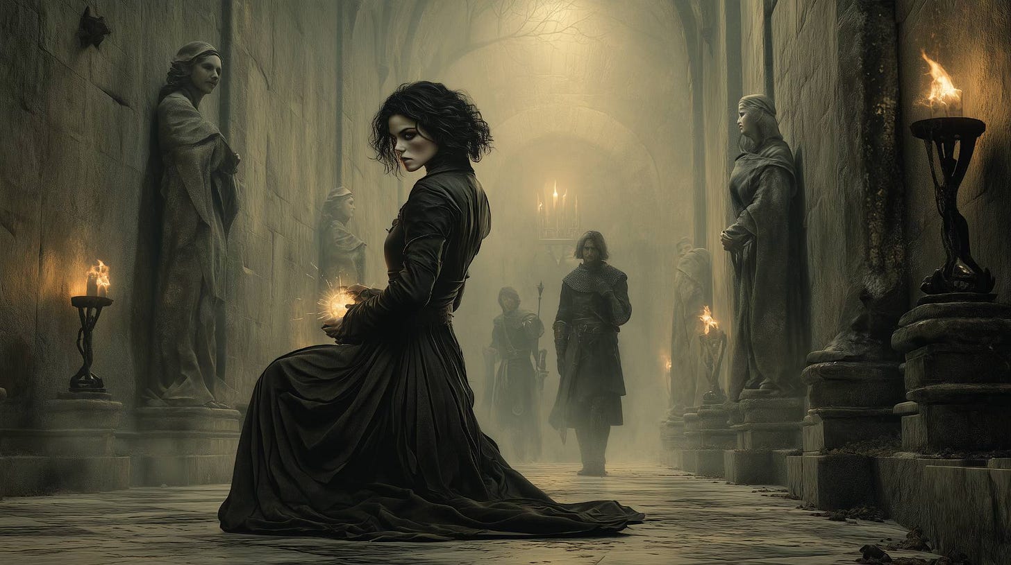 A dark-haired witch kneels in a dim stone corridor, clutching a glowing orb while armored figures watch from the shadows; tall statues and torchlight line the walls.