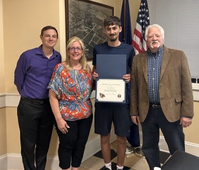 Local Boy Scout Isaac Rosen, third from left, was honored by North Wales Borough officials during their Oct. 22, 2024 meeting for creating an inventory of shade trees in the town's Ward 1. From left to right are assistant Manager Alex Turock, borough Manager Christine Hart, Rosen, and council President Sal Amato. (Photo courtesy of North Wales Borough) Local Boy Scout Isaac Rosen, third from left, was honored by North Wales Borough officials during their Oct. 22, 2024 meeting for creating an inventory of shade trees in the town's Ward 1. From left to right are assistant Manager Alex Turock, borough Manager Christine Hart, Rosen, and council President Sal Amato. (Photo courtesy of North Wales Borough)