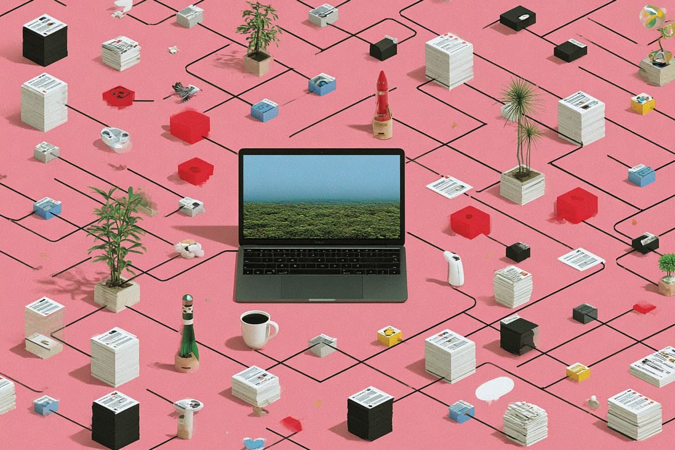 A laptop surrounded by plants, stacks of paper, and coffee cups