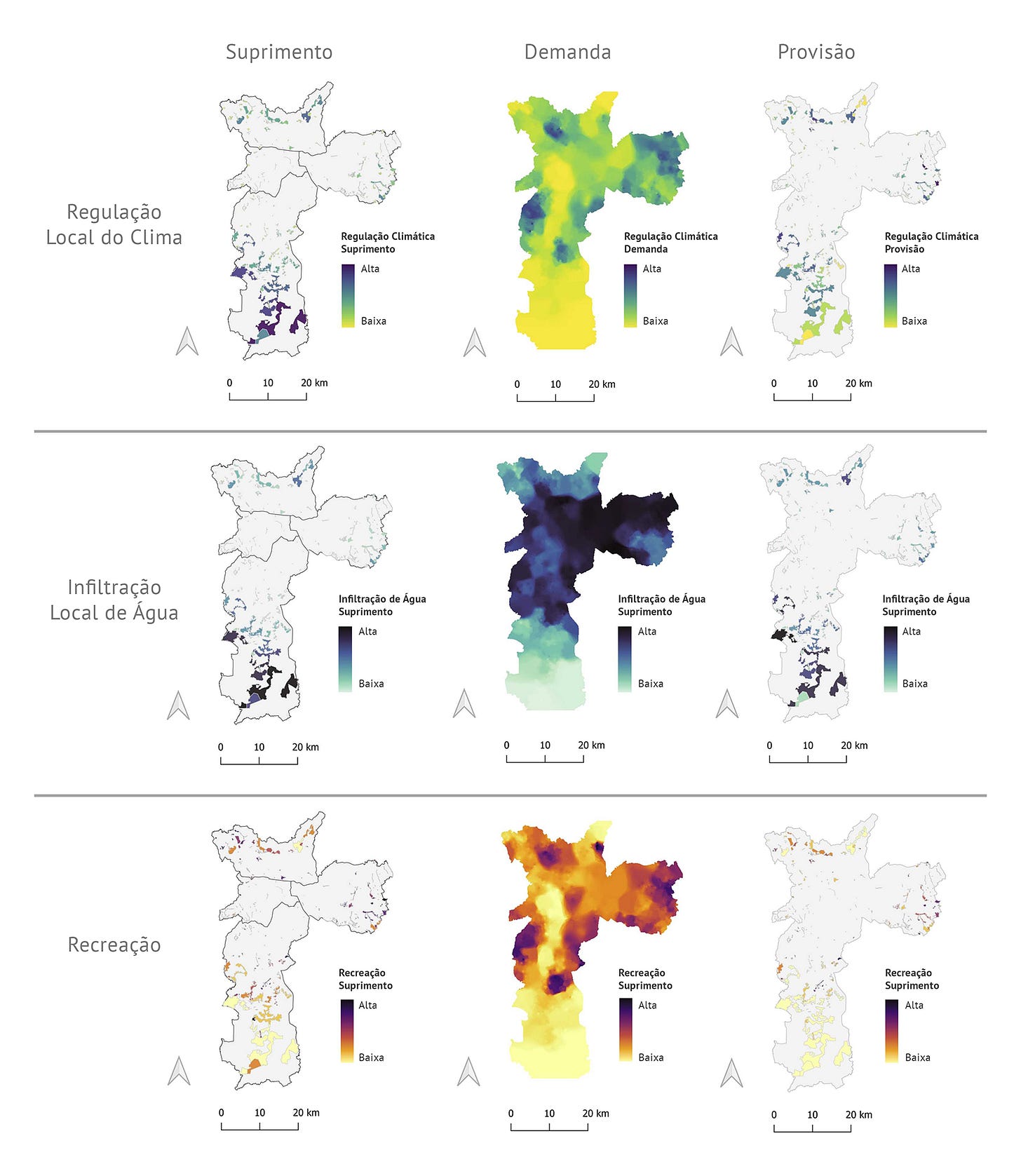 Conjunto de mapas da cidade de São Paulo especificando por meio de cores o suprimento, a demanda e a provisão em termos de regulação climática, infiltração de água e recreação Conjunto de mapas da cidade de São Paulo especificando por meio de cores o suprimento, a demanda e a provisão em termos de regulação climática, infiltração de água e recreação