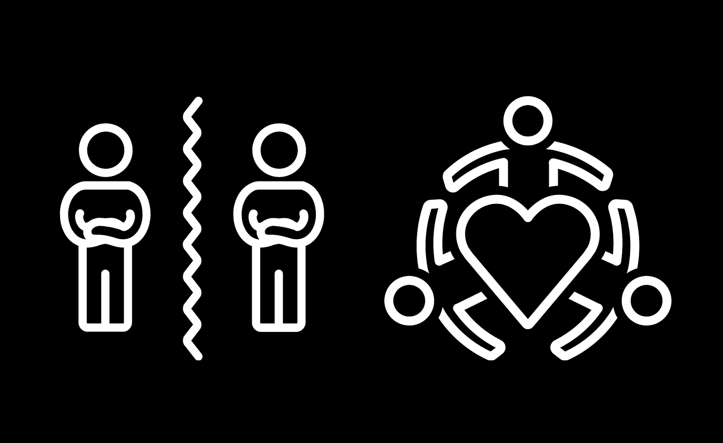 On the left, a graphic of two people, arms folded, on either side of a squiggly wall. On the right, a graphic of three people holding hands around a heart.