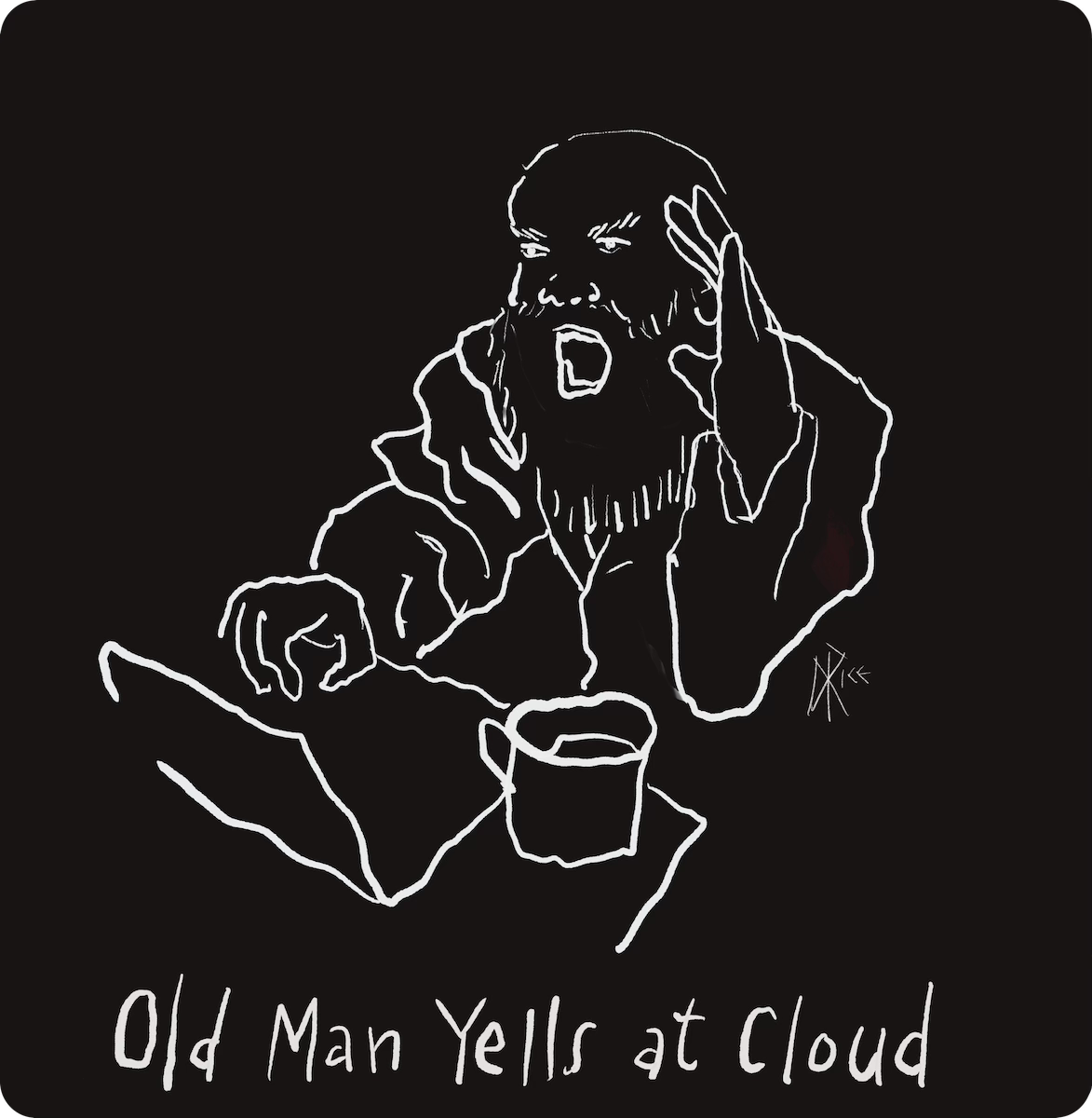 A bearded and bald man, seated in front of a laptop, angrily raises his voice at the computer. Sketch art by Don Rice.