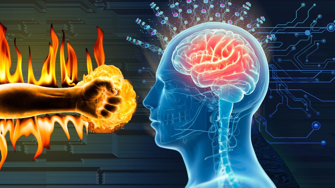 On the right: A human figure with a glowing brain alight with connections and synapses stands in profile. From the left: a fist a-flame barrels straight in for the nose.