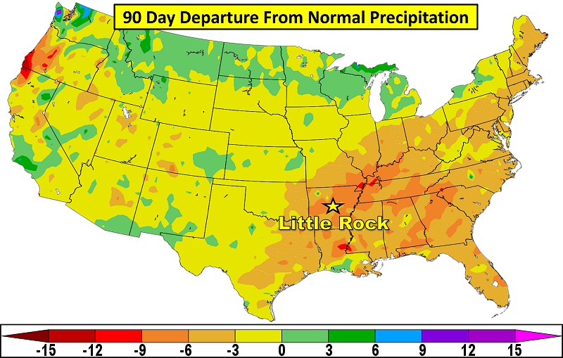 Departure from normal precipitation in the last ninety days ending on February 19, 2026. 