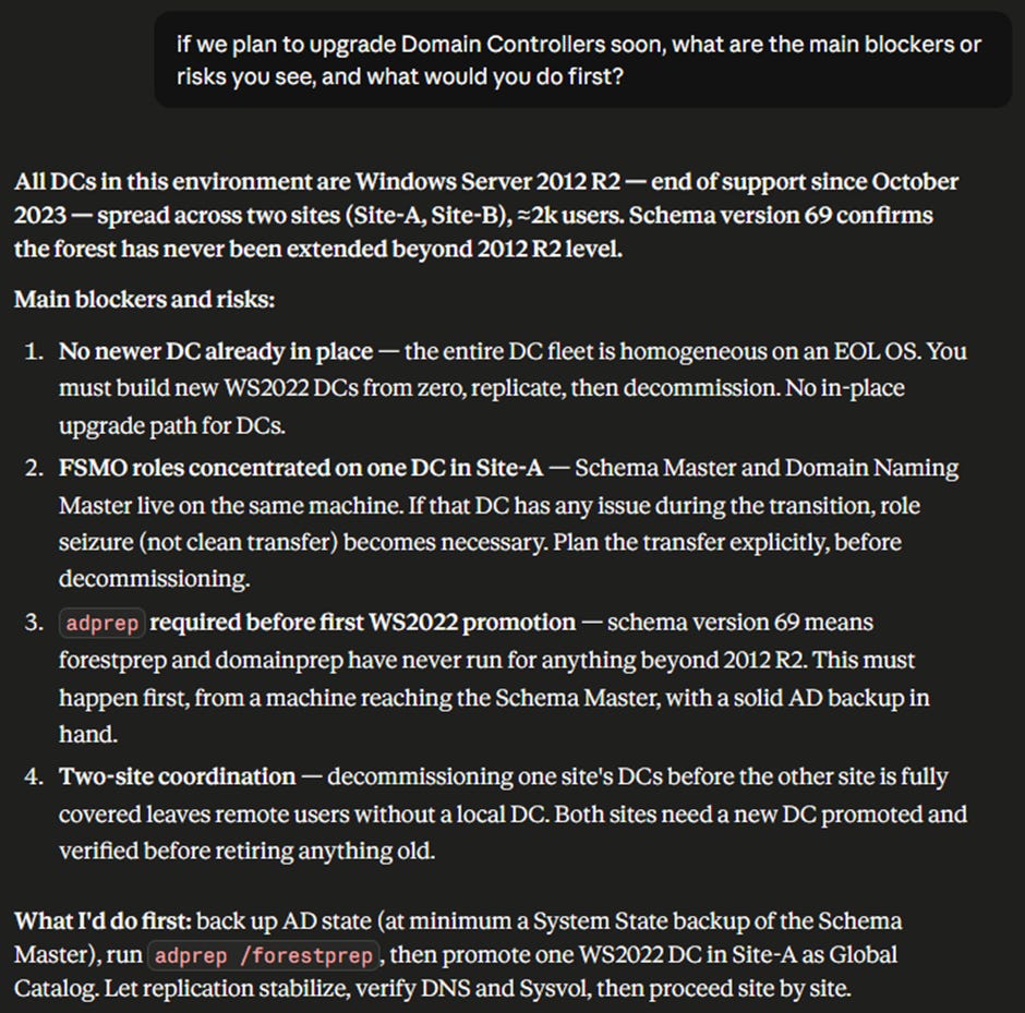 Screenshot of an AI chat conversation. At the top there is a question about upgrading Domain Controllers. Below, a structured answer lists the main blockers and risks, including end of support operating system, concentrated FSMO roles, the need for adprep, and coordination between sites.