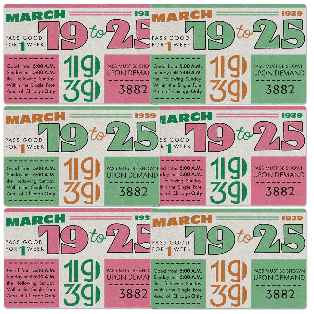 Grid of six vintage Chicago transit weekly pass cards from March 1939, valid March 19 to 25, showing fares of 11¢ and 39¢. Bold display numerals in pink, green, and gold on cream backgrounds.