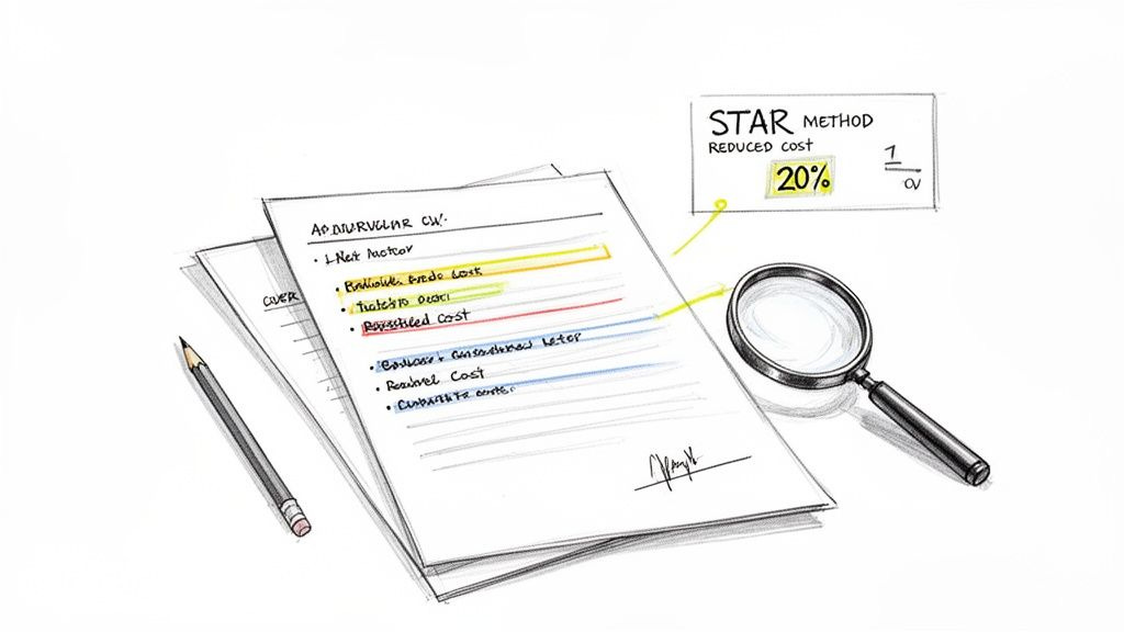 A hand-drawn illustration of business documents, a pencil, and a magnifying glass, emphasizing cost reduction of 20% using the STAR method.