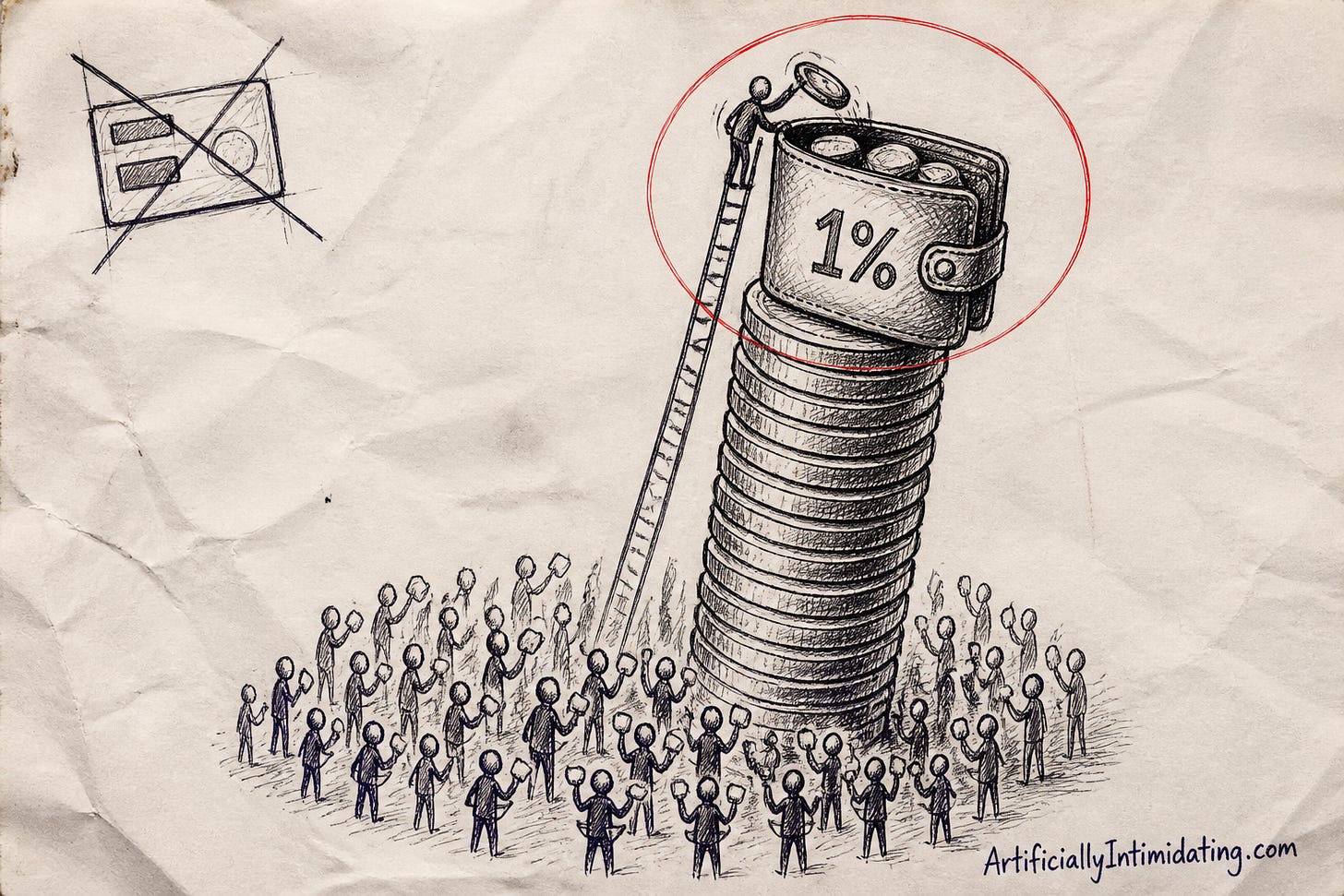 One enormous skinny tower of gold coins labeled 1% with a tiny human on a ladder dropping coins into a giant wallet at its top, circled in red, while a crowd of tiny people at the base hold empty pockets.