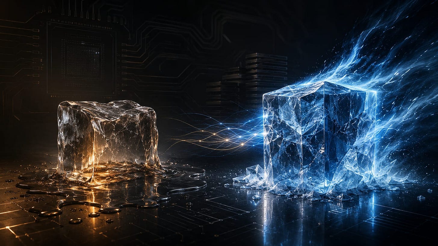Heresy IX cover art: two ice cubes on a dark circuit-board surface — the left cube melting into a warm amber puddle (the terminal relay, a solved constraint liquidating its own premium), the right cube refreezing in cold electric-blue energy (the recurring relay, re-frozen by the next NVIDIA generation). Heresy IX cover art: two ice cubes on a dark circuit-board surface — the left cube melting into a warm amber puddle (the terminal relay, a solved constraint liquidating its own premium), the right cube refreezing in cold electric-blue energy (the recurring relay, re-frozen by the next NVIDIA generation).