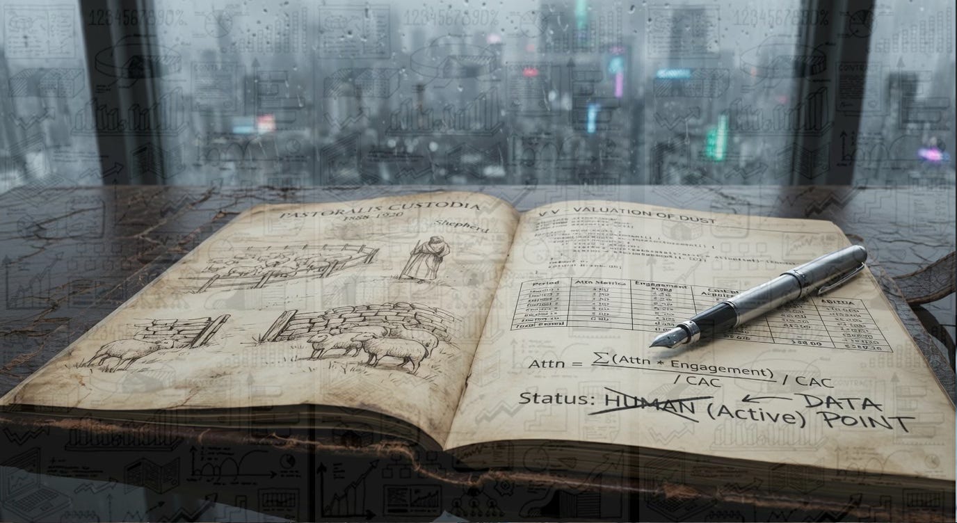A high-contrast shot of an ancient, leather-bound ledger resting on a modern glass desk. The pages show a transition from classical sheep-herding sketches to complex financial formulas where 'Human' is crossed out and replaced with 'Data Point.' This bridges the 'Cynical Shepherd' narrative with the 'Pharaonic' financial extraction model. A high-contrast shot of an ancient, leather-bound ledger resting on a modern glass desk. The pages show a transition from classical sheep-herding sketches to complex financial formulas where 'Human' is crossed out and replaced with 'Data Point.' This bridges the 'Cynical Shepherd' narrative with the 'Pharaonic' financial extraction model.