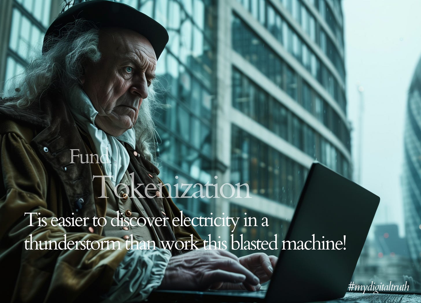 The image portrays a person dressed as Benjamin Franklin, sitting in front of a modern laptop, juxtaposing 18th-century attire with contemporary technology. The individual is characterized by a long, white hair wig, a tricorne hat, and a dark, period-appropriate coat with brass buttons over a waistcoat and a white, ruffled shirt. They exhibit a look of confusion and frustration, accentuating the humorous contrast between the historical figure and the modern device. In the background, there's a modern glass building, suggesting a blend of historical and present-day settings. Text overlays the image, saying "Fund Tokenization" and "Tis easier to discover electricity in a thunderstorm than work this blasted machine!" followed by the hashtag "#mydigitaltruth". The text serves as a playful commentary on the challenges of adapting to new technology, invoking Franklin's historical experiments with electricity and the modern concept of fund tokenization in the financial sector.
