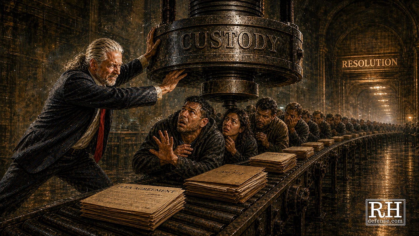 Rick Horowitz pushes back against a massive iron press labeled "Custody" as it bears down on a line of frightened defendants on a conveyor belt feeding stacks of plea agreements and case files toward a distant archway marked "Resolution."