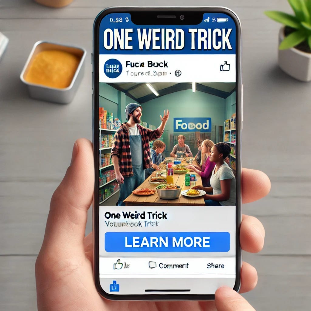 A mock Facebook ad featuring the text 'One Weird Trick' in bold, eye-catching font at the top. Below, an image of a charity in action—perhaps volunteers working at a food bank or a community centre—presented in a polished, professional style. The layout includes a clickable 'Learn More' button at the bottom, typical of Facebook ads. The overall design is clean, modern, and clearly intended to grab attention, with vibrant colours and a subtle sense of irony in its presentation. A mock Facebook ad featuring the text 'One Weird Trick' in bold, eye-catching font at the top. Below, an image of a charity in action—perhaps volunteers working at a food bank or a community centre—presented in a polished, professional style. The layout includes a clickable 'Learn More' button at the bottom, typical of Facebook ads. The overall design is clean, modern, and clearly intended to grab attention, with vibrant colours and a subtle sense of irony in its presentation.