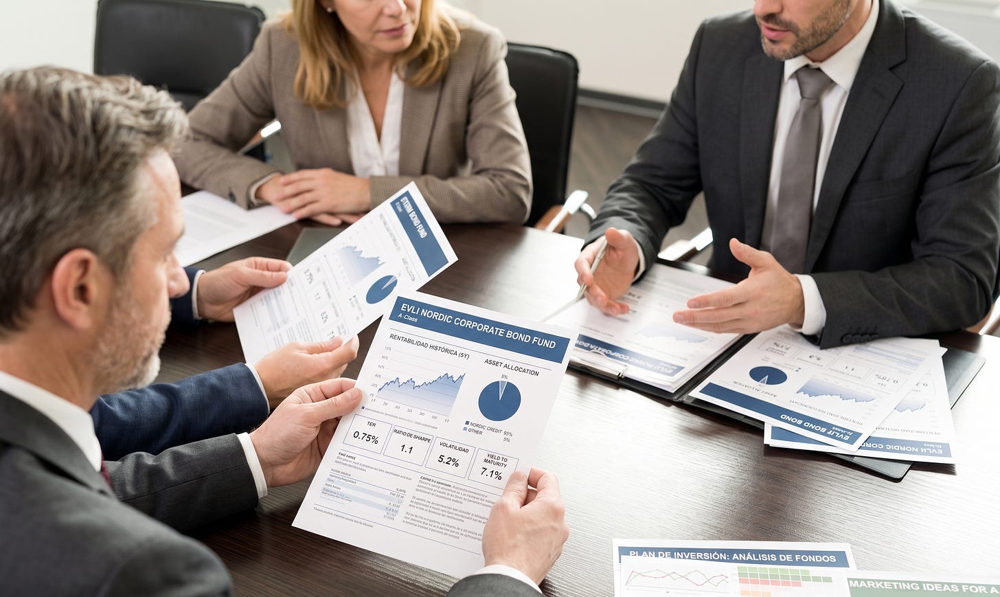 Reunión de cliente de alto patrimonio en la oficina con su banquero privado y selector de fondos personal