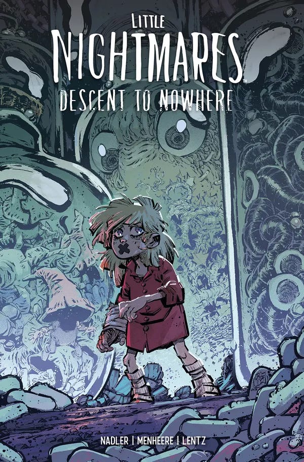 Stylized comic cover for Little Nightmares: Descent to Nowhere featuring a wide-eyed, masked child in a red coat walking through a surreal landscape filled with eyeballs, vines, and preserved oddities in giant glass jars. The art evokes a dreamlike horror with a touch of whimsy. Stylized comic cover for Little Nightmares: Descent to Nowhere featuring a wide-eyed, masked child in a red coat walking through a surreal landscape filled with eyeballs, vines, and preserved oddities in giant glass jars. The art evokes a dreamlike horror with a touch of whimsy.