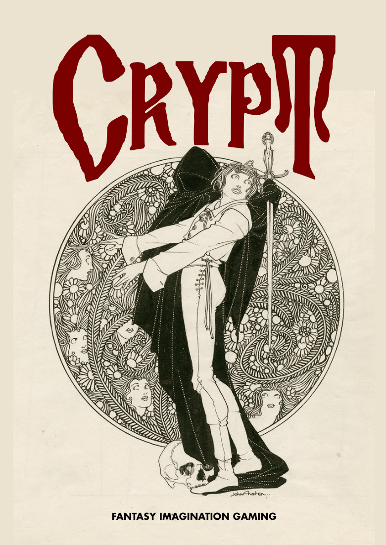 The cover of the Crypt tabletop roleplaying game showing an illustration by John Austen of a Hamlet figure in white in front of a hooded black sword-wielding figure and a skull at its feet.