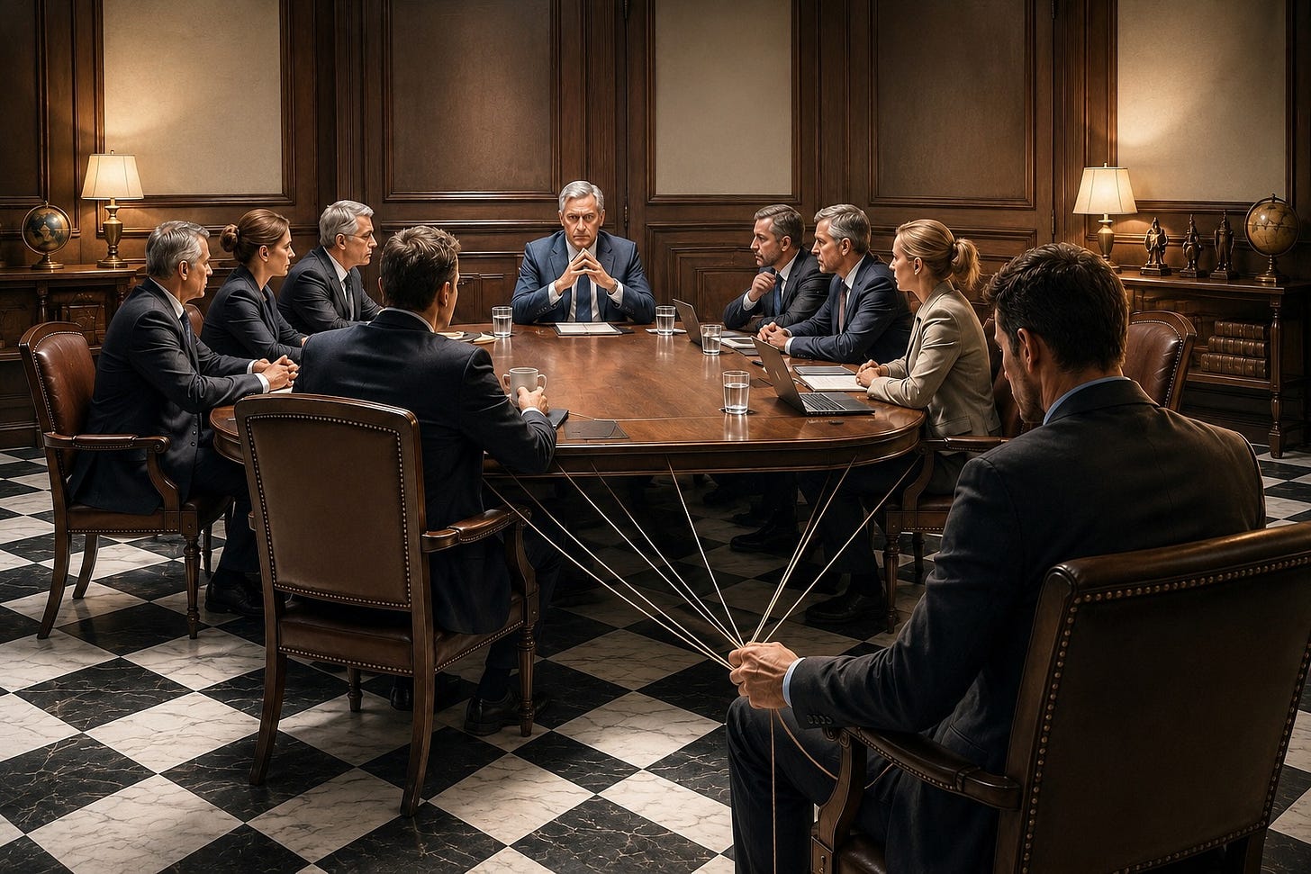 Ilustración de una sala de juntas elegante y sobria, iluminada con luz cálida. Alrededor de una mesa ovalada de madera oscura, un grupo de directivos sostiene una reunión en un ambiente de tensión y concentración. Al fondo, un líder permanece sentado al centro con las manos entrelazadas, mientras un hombre en primer plano, casi fuera de la conversación, sostiene discretamente varios hilos que convergen hacia las sillas de los participantes, simbolizando el poder informal y la influencia invisible dentro de la organización. La escena evita símbolos institucionales y utiliza una composición cinematográfica para representar cómo las decisiones aparentes pueden estar condicionadas por actores que operan detrás del escenario.