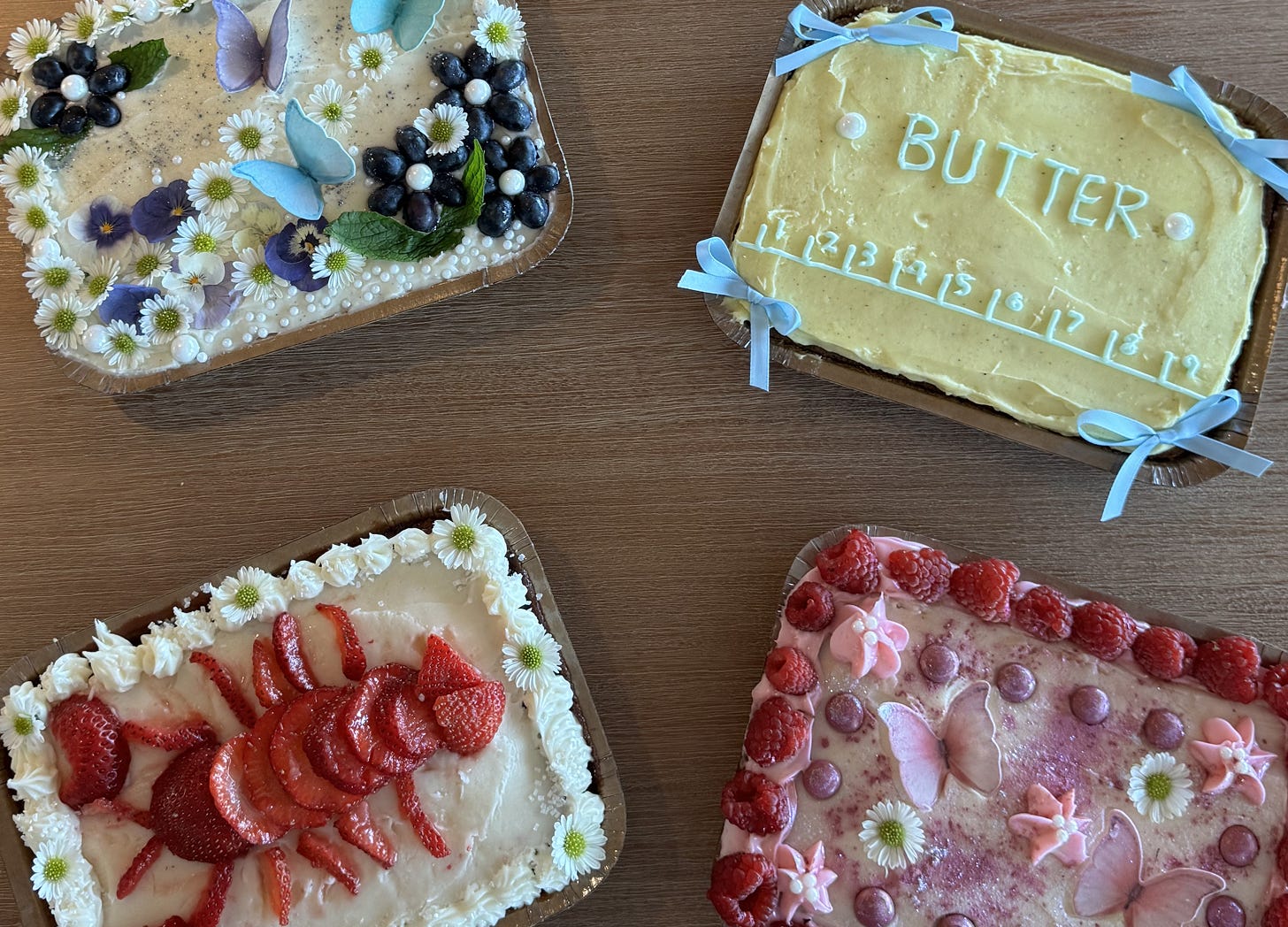 4 finished, decorated Trader Joe's mini sheet cakes