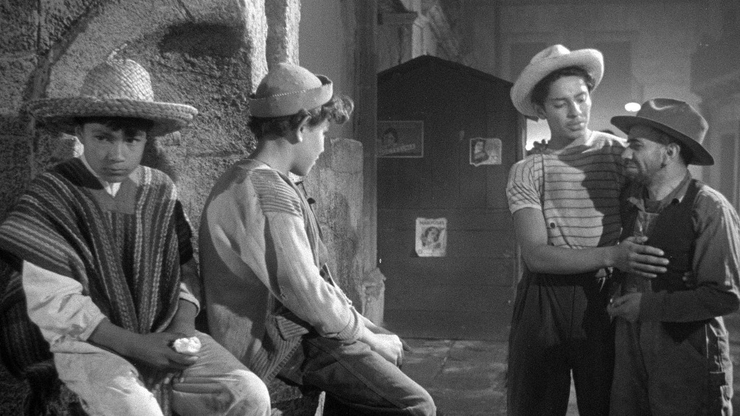 Los Olvidados | Still features a group of children meeting up. Pedro (leftmost) is looking away.