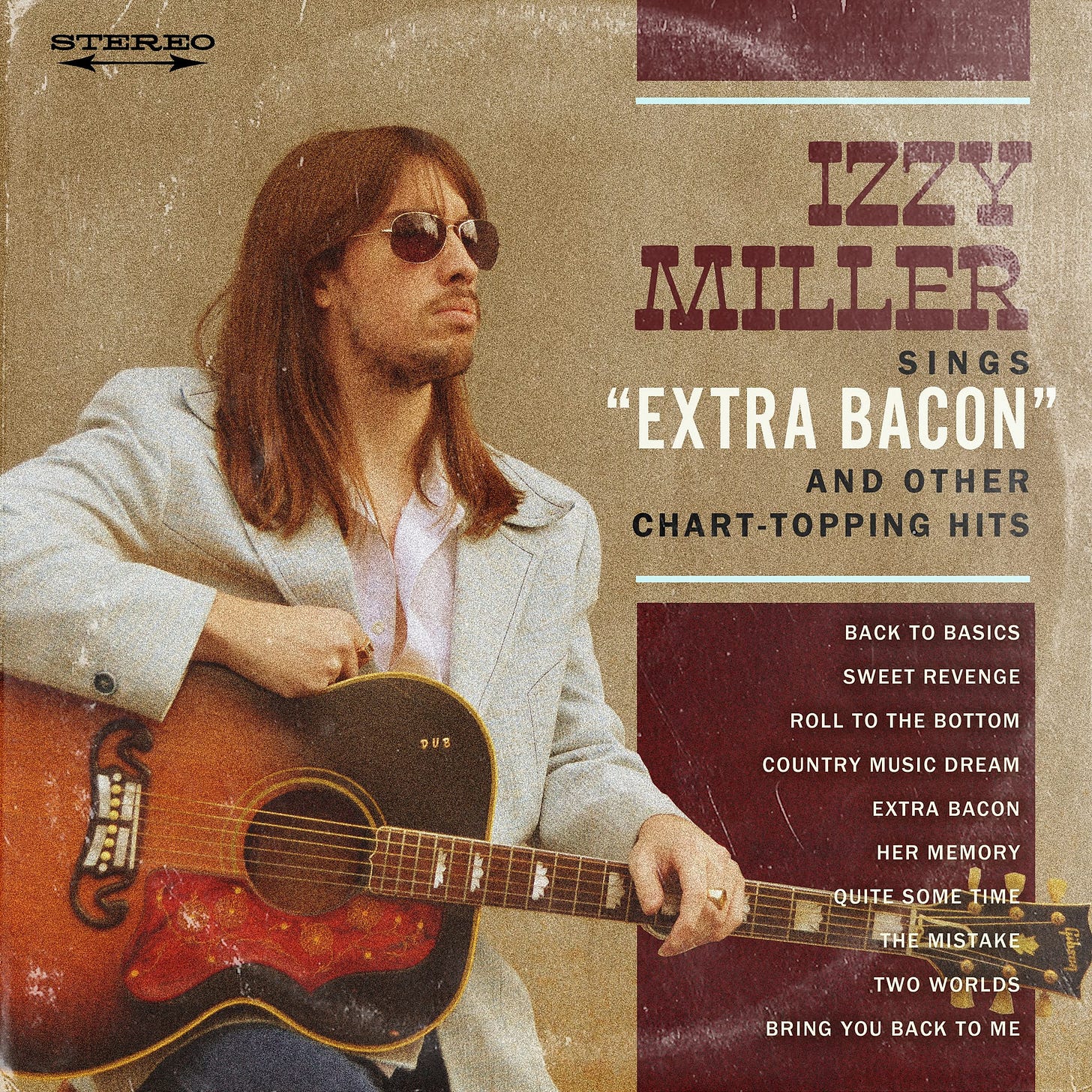 May be an image of 1 person, playing a musical instrument, guitar and text that says 'STEREO IZZY MILLER SINGS "EXTRA BACON" AND OTHER CHART-TOPPING HITS BACK το BASICS PUS SWEET REVENGE ROLL τO THE BoTTom COUNTRY MUSIC DREAM EXTRA BACON HER MEMORY QUITE SME TIME THE'MISTAKE TWO WORLDS BRING YOU BACK TO ΜΕ'