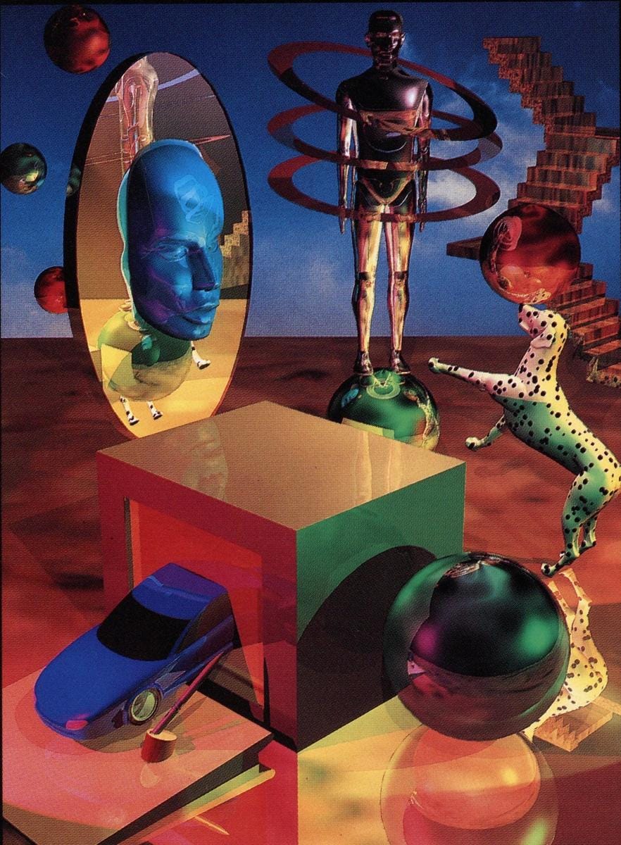 A cena é composta por diversos objetos geométricos e figurativos dispostos de forma onírica: No topo, uma figura humanoide metálica escura permanece de pé sobre uma esfera verde, cercada por anéis orbitais avermelhados. À esquerda, um espelho oval reflete um busto azul flutuante. À direita, um dalmata parece estar saltando ou interagindo com a cena. Na parte inferior, há um carro azul futurista posicionado sob uma estrutura vermelha em forma de cubo, além de uma grande esfera escura em primeiro plano. Um céu gradiente que transita entre o azul profundo e tons alaranjados.