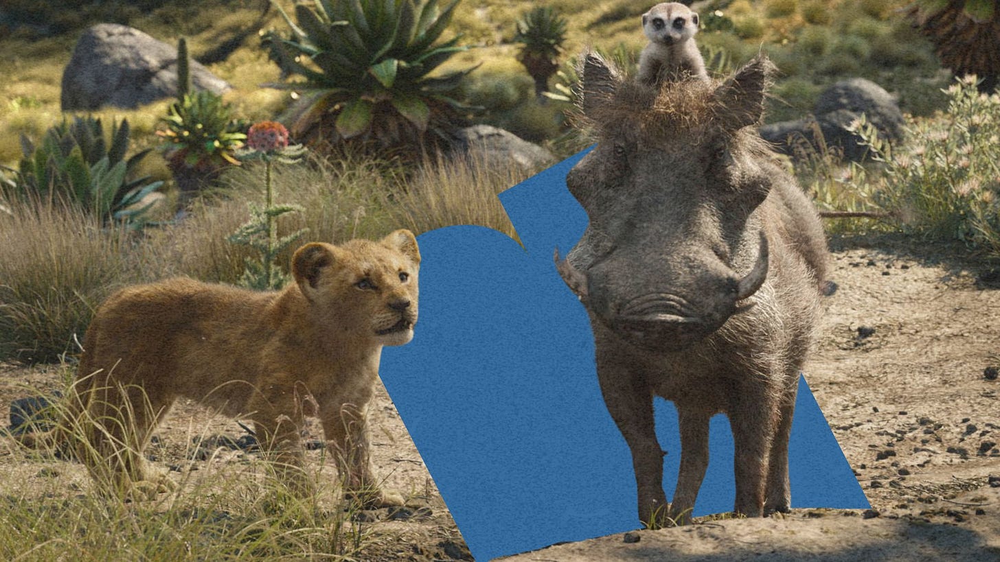 Simba, Timon, and Pumbaa in The Lion King remake (2019) Simba, Timon, and Pumbaa in The Lion King remake (2019)