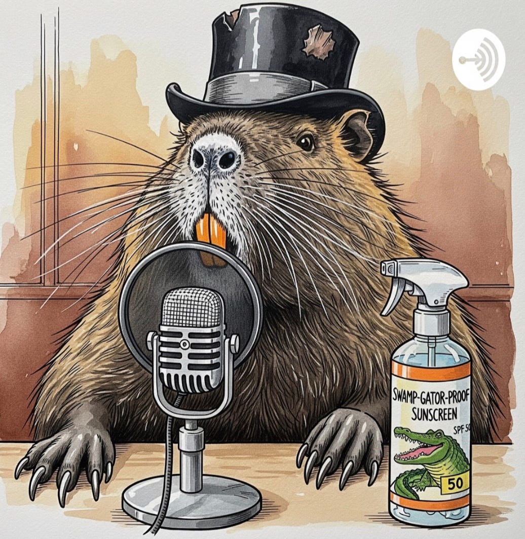 Pierre le Nutria! doing his commercial for his Gator Sunscreen lotion.