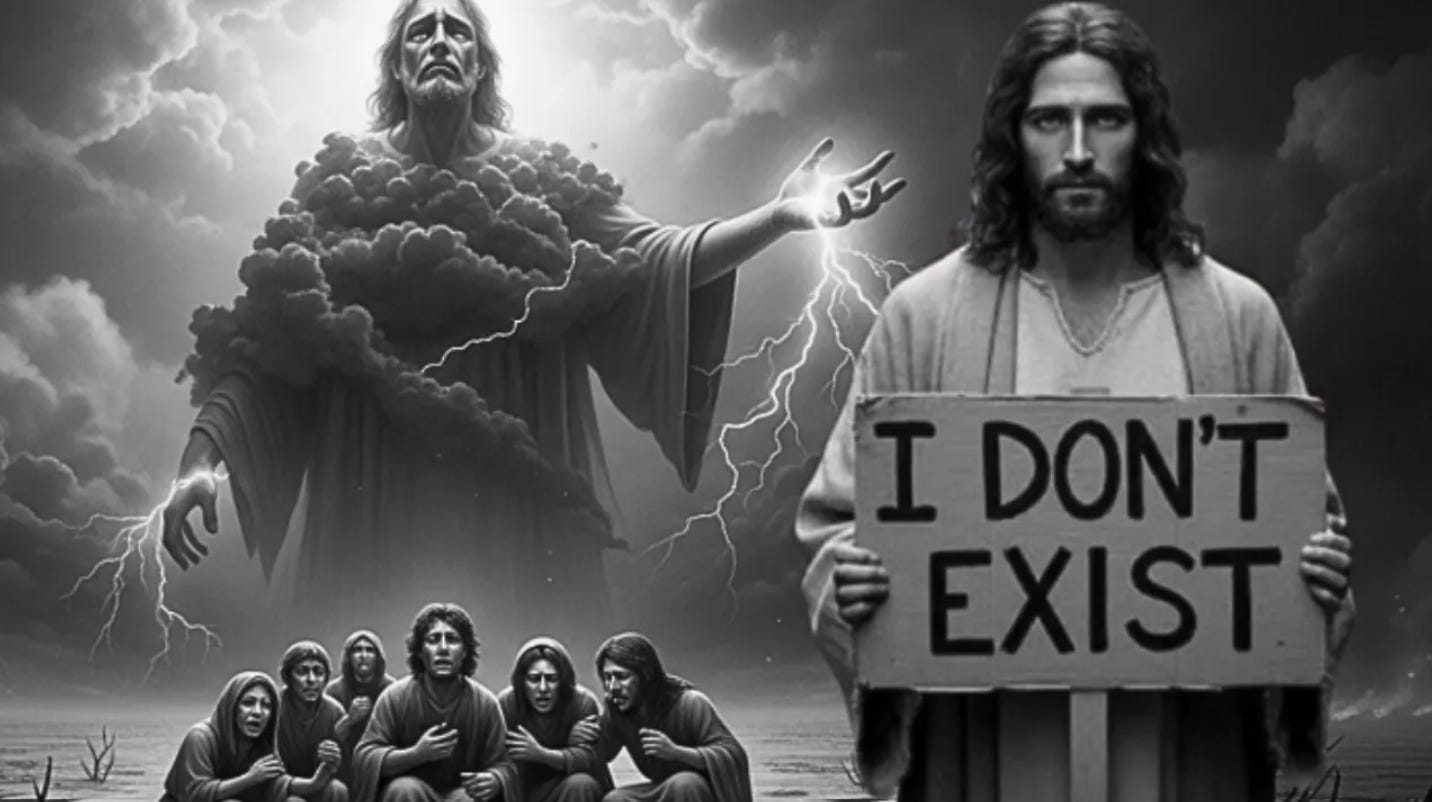A grayscale illustration of Jesus holding a sign that says "I DON'T EXIST" in front of a giant deity figure and cowering people.