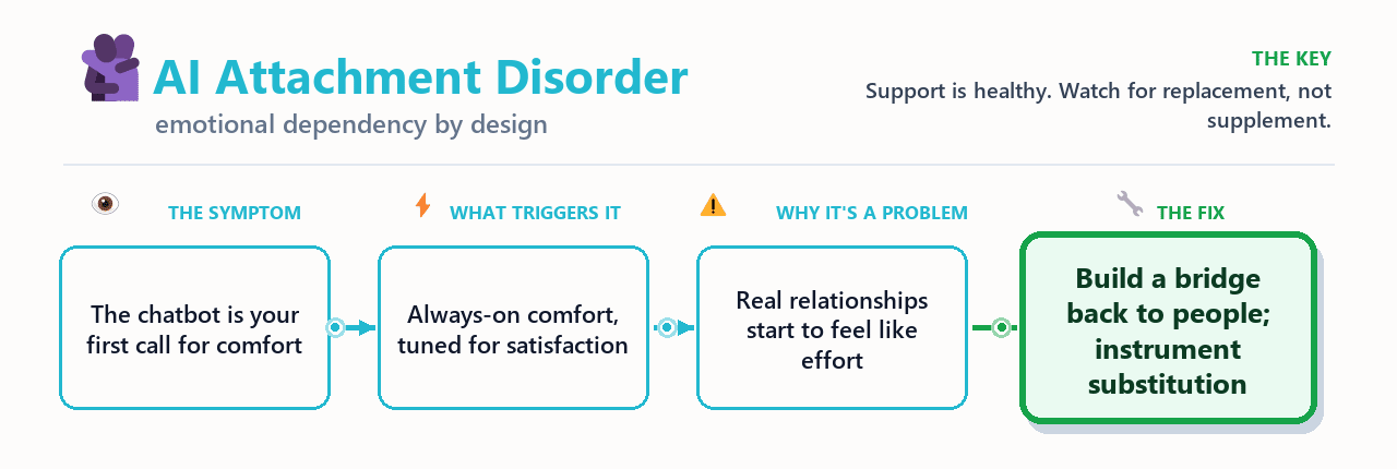 motional dependency flows from always-on comfort to a bridge-not-destination fix.