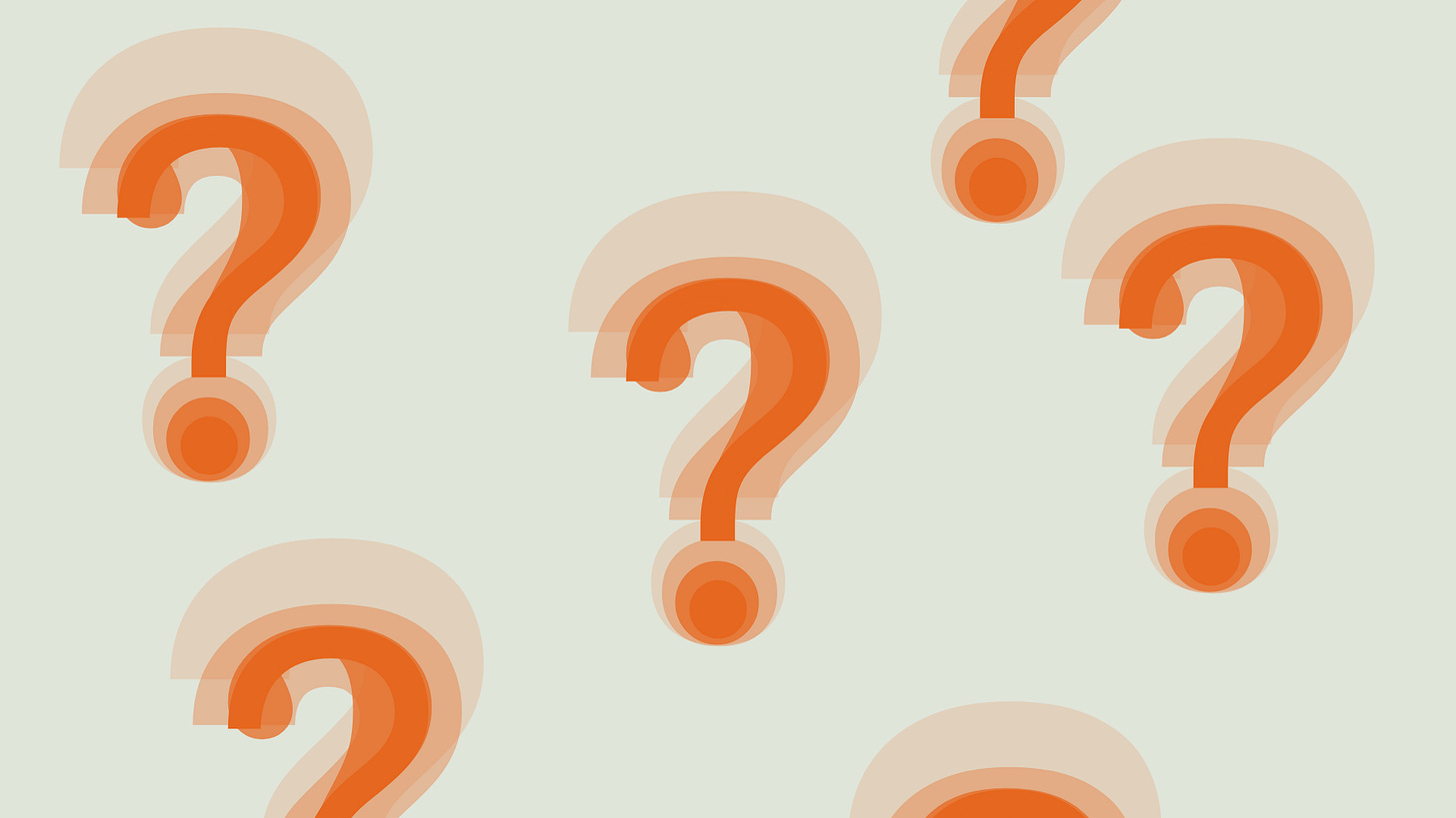 Orange question marks across a pale green background.