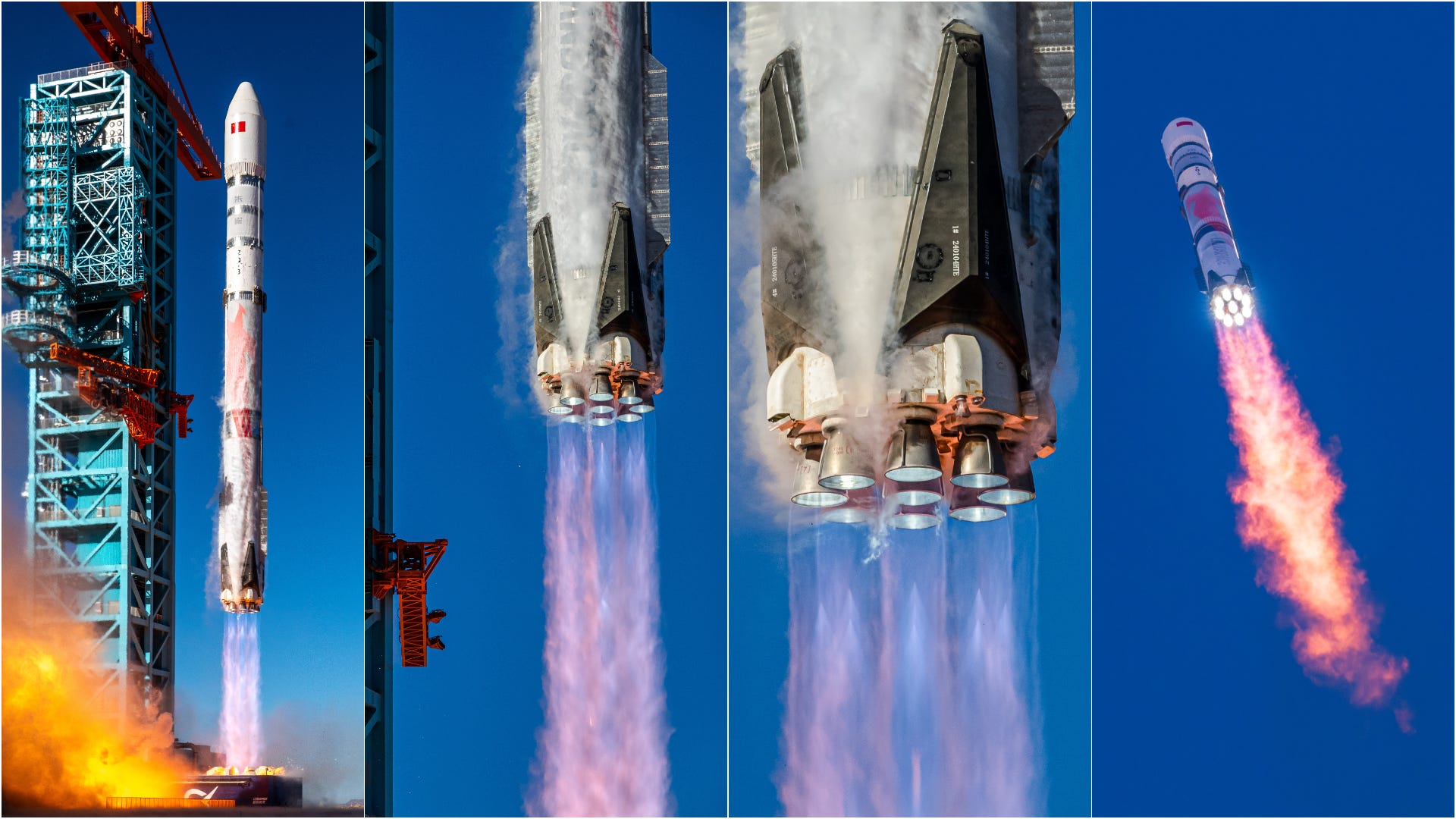 All nine TQ-12A engines firing to propel the Zhuque-3 Y1 vehicle off of Launch Area 96B at the Jiuquan Satellite Launch Center.